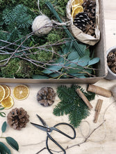 Load image into Gallery viewer, Diy christmas wreath kit containing moss base, twine, wires, birch twigs, spruce, eucalyptus, pistachio and natural decorations: cinnamon sticks, orange slices abd pine cones